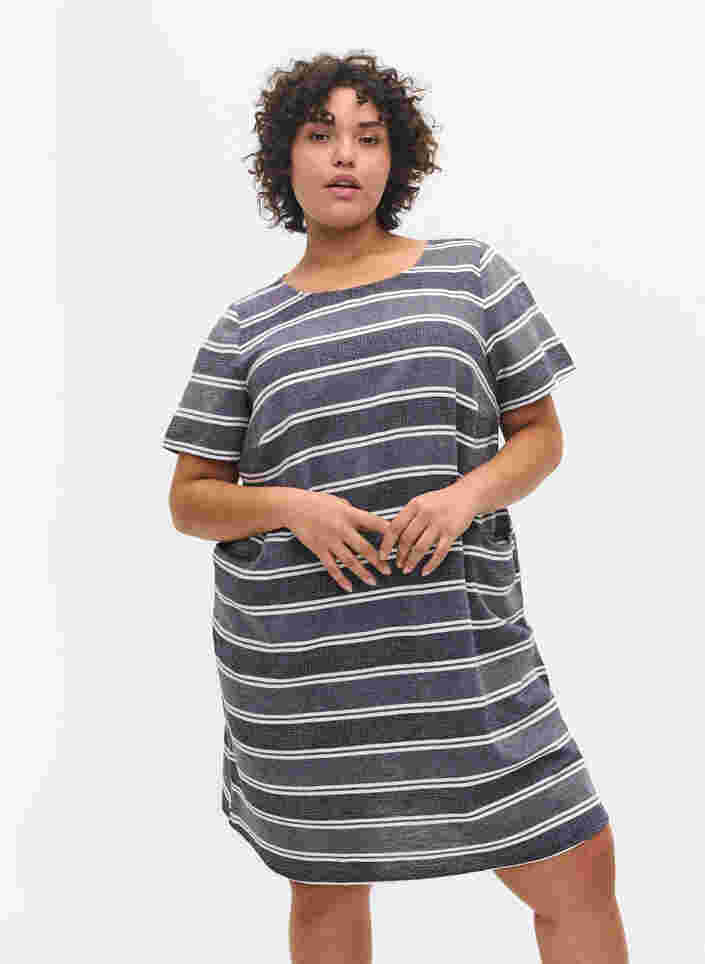 Gestreepte jurk met korte mouwen, Blue Stripe, Model