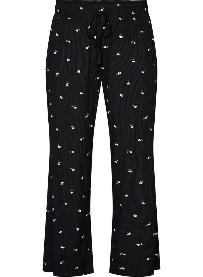 Pyjamabroek met geribde textuur en bloemenprint, Zwart, Packshot image number 0