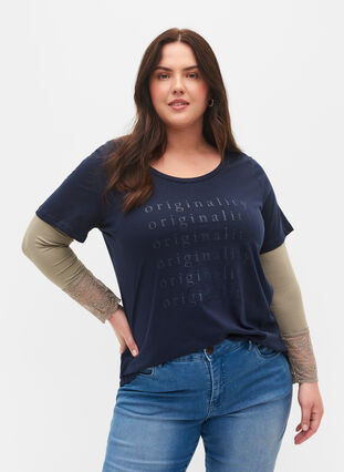 T-shirt en coton avec texte imprimé, Navy Blazer, Model image number 0