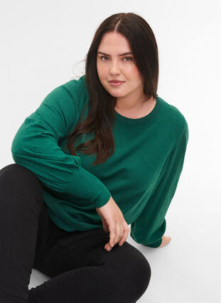 Gebreide blouse van viscose met ballonmouwen, Evergreen Mel., Model image number 2