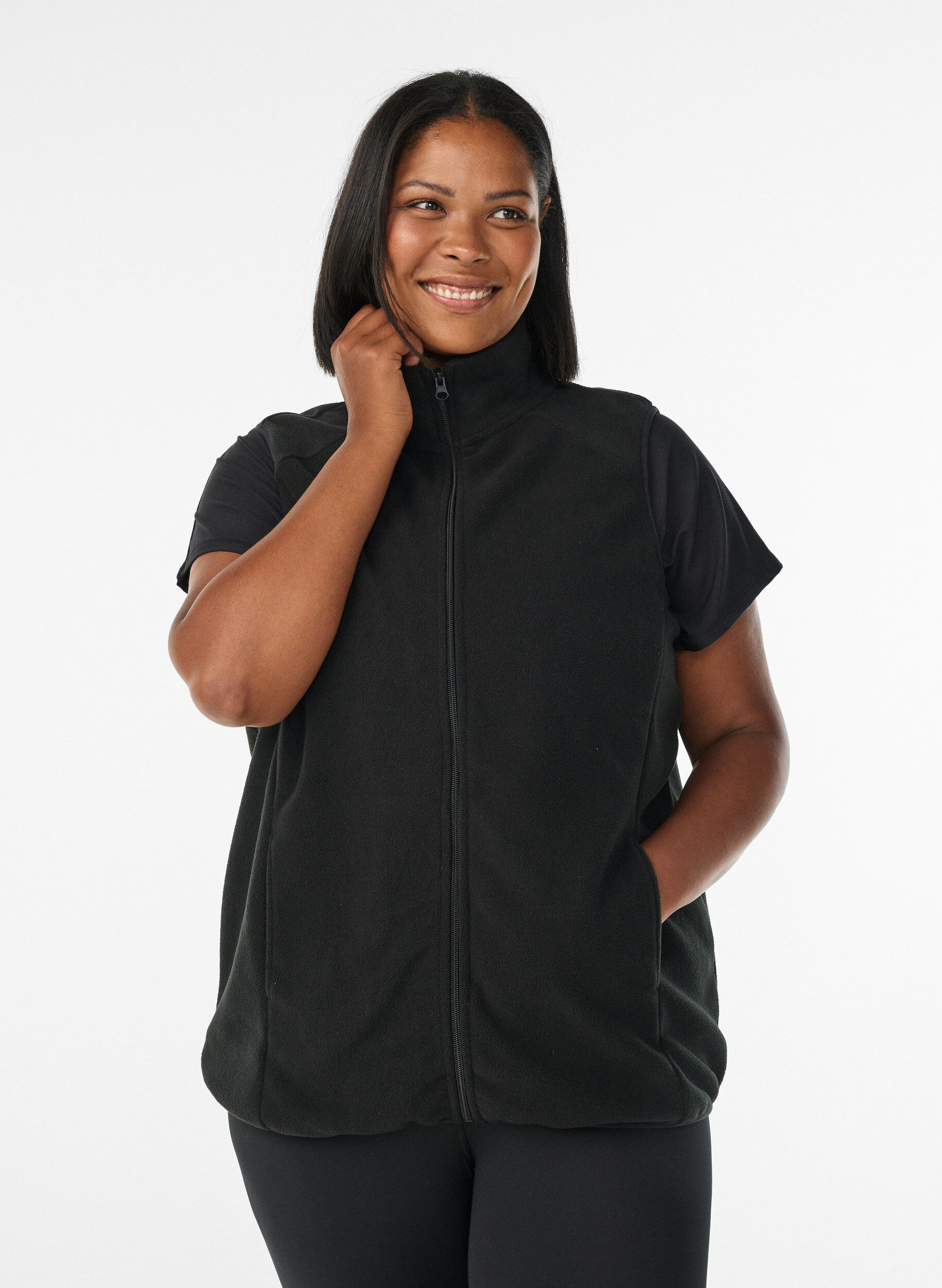 Fleece vest met zakken, Zwart, Model
