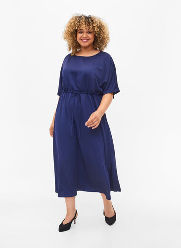 Midi-jurk met korte mouwen en verstelbare taille, Evening Blue, Model image number 0