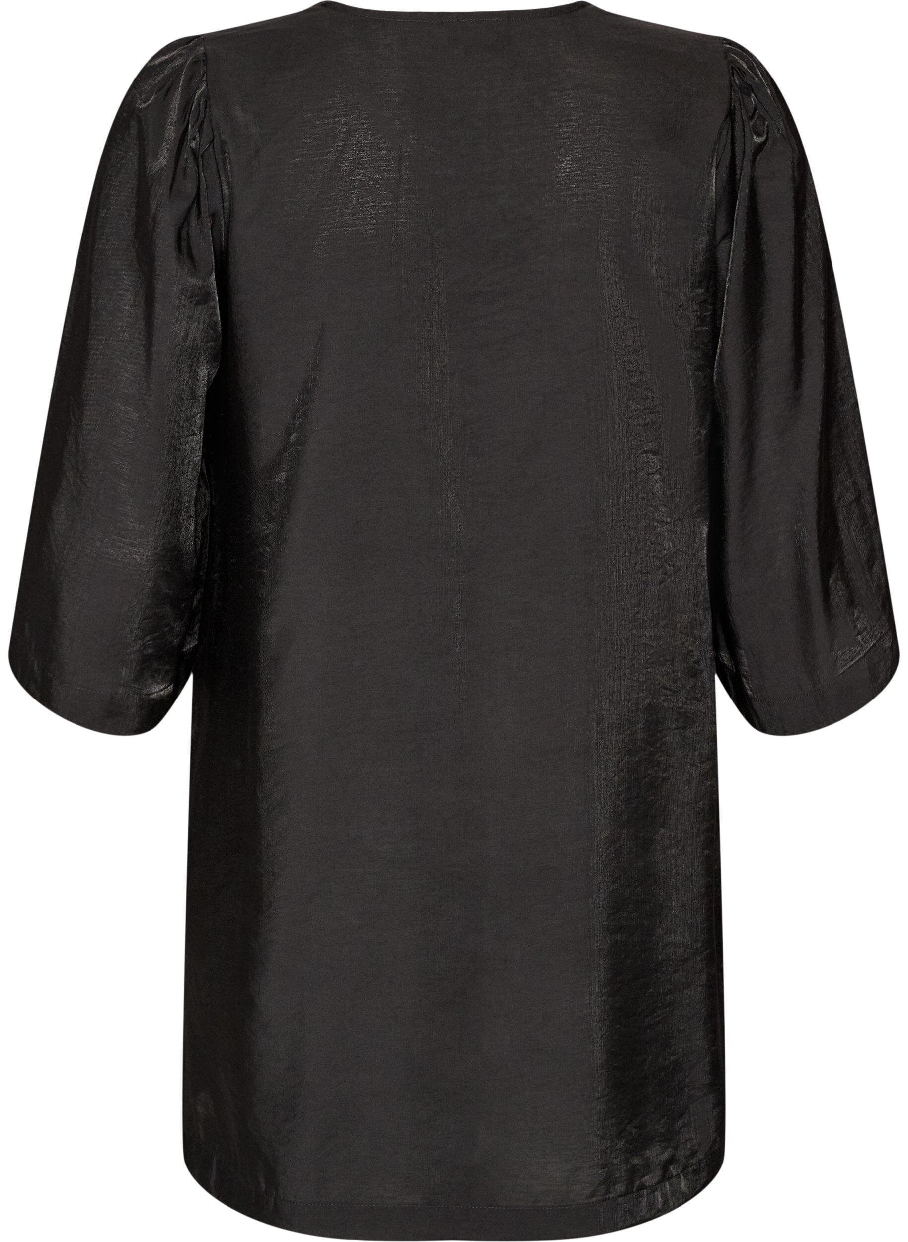 ZizziGlanzende tuniek met V-hals en 3/4 mouwen, Zwart, Packshot image number 1