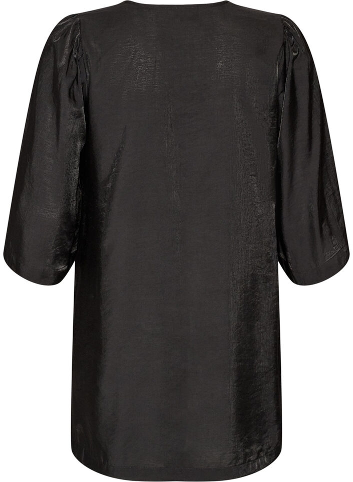 Glanzende tuniek met V-hals en 3/4 mouwen, Zwart, Packshot image number 1