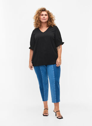 Gestreepte blouse met 1/2 mouwen, Black, Model image number 2