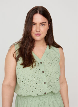 Mouwloze blouse met borduursel anglaise, Silt Green, Model image number 2