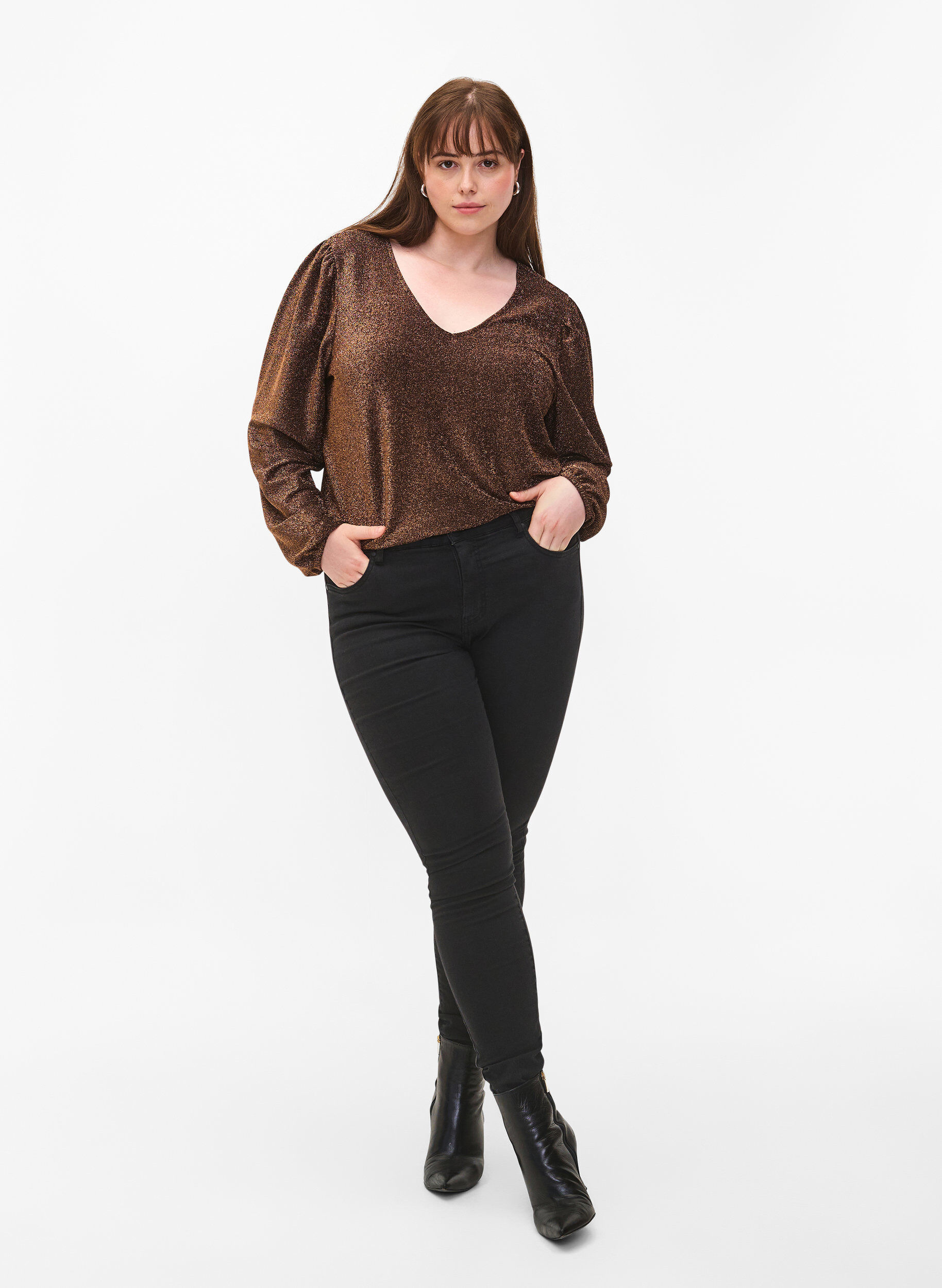 ZizziGlitter blouse met pofmouwen, Black Copper, Model image number 2