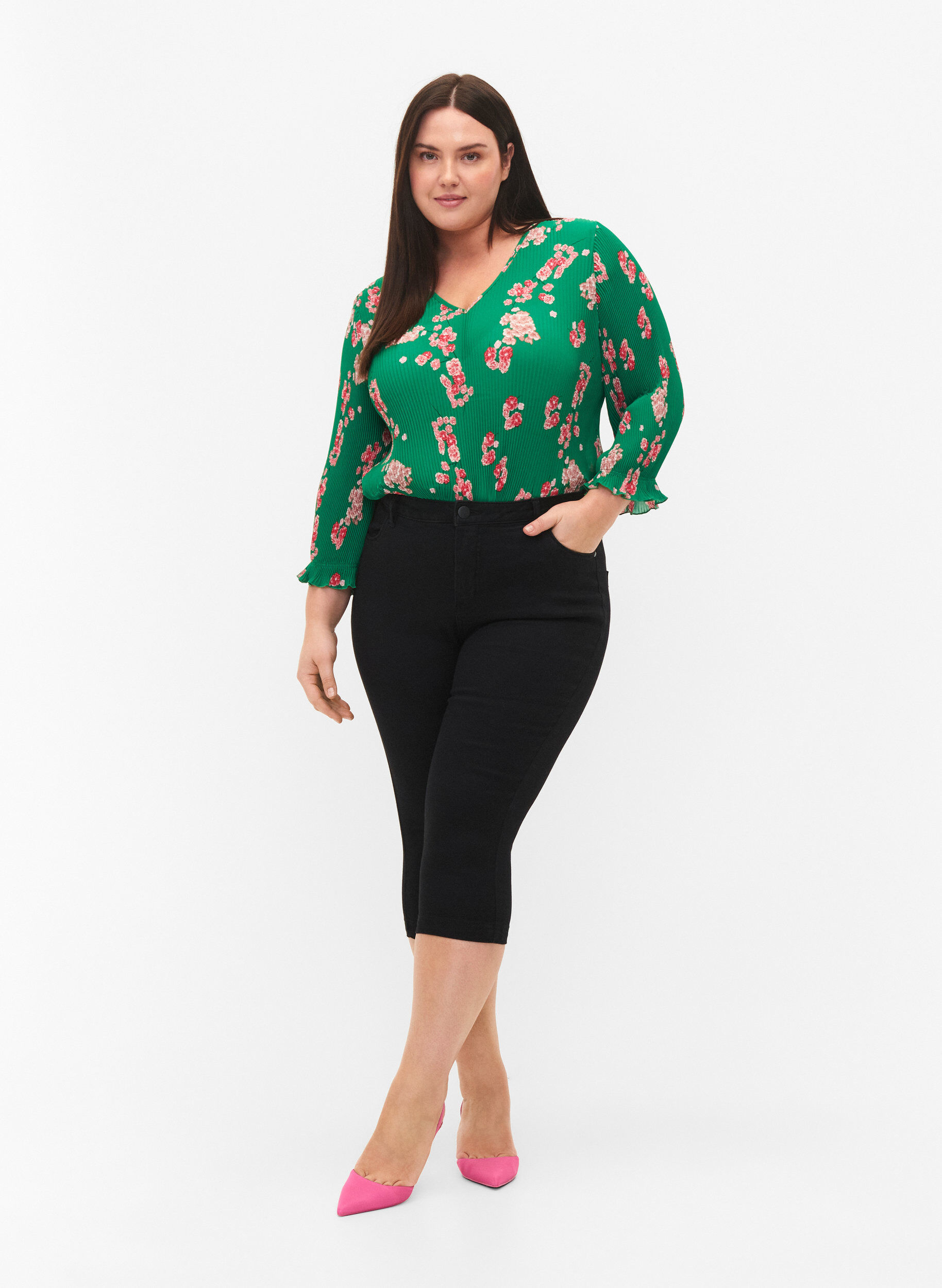ZizziGeplooide blouse met 3/4 mouwen, Jolly Green Flower, Model image number 2