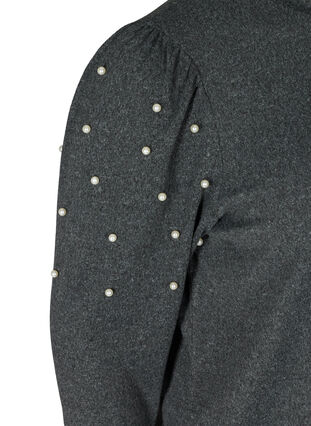 Gemêleerde top met pofmouwen en parels, Dark Grey Melange, Packshot image number 3
