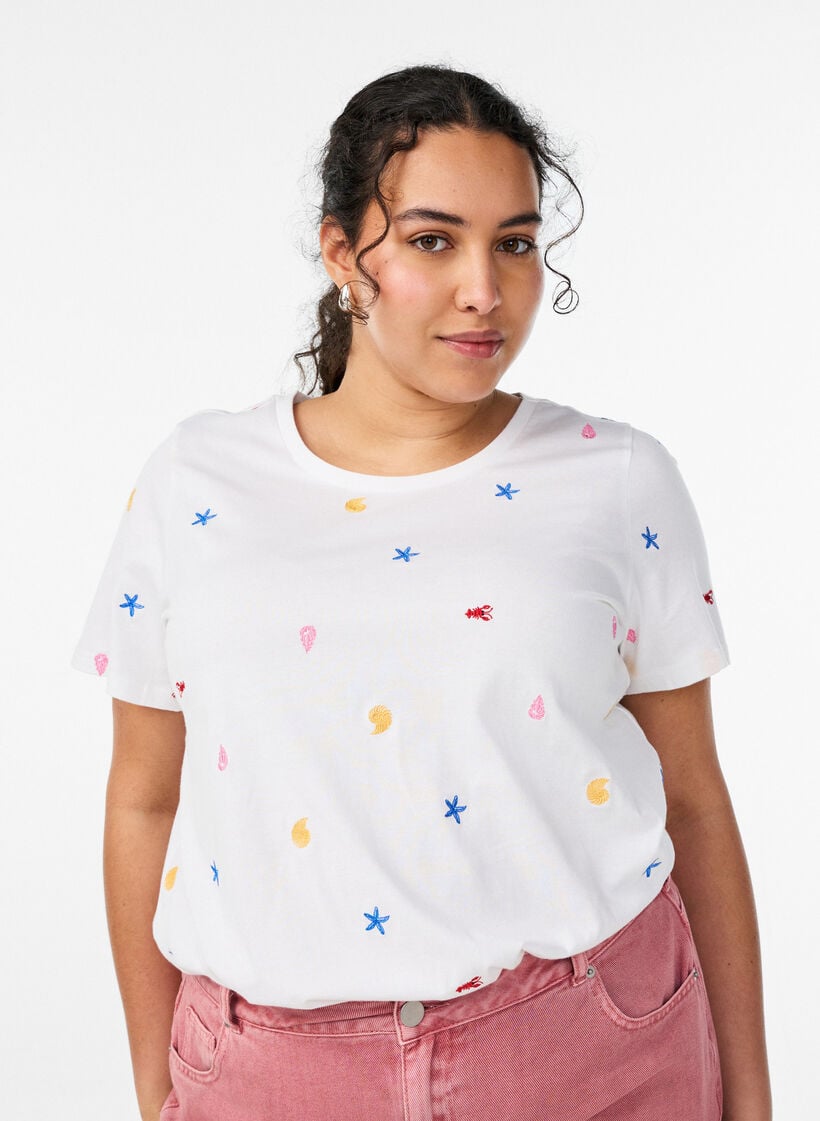 T-shirt in biologisch katoen met geborduurde motieven, Wit, Model image number 0
