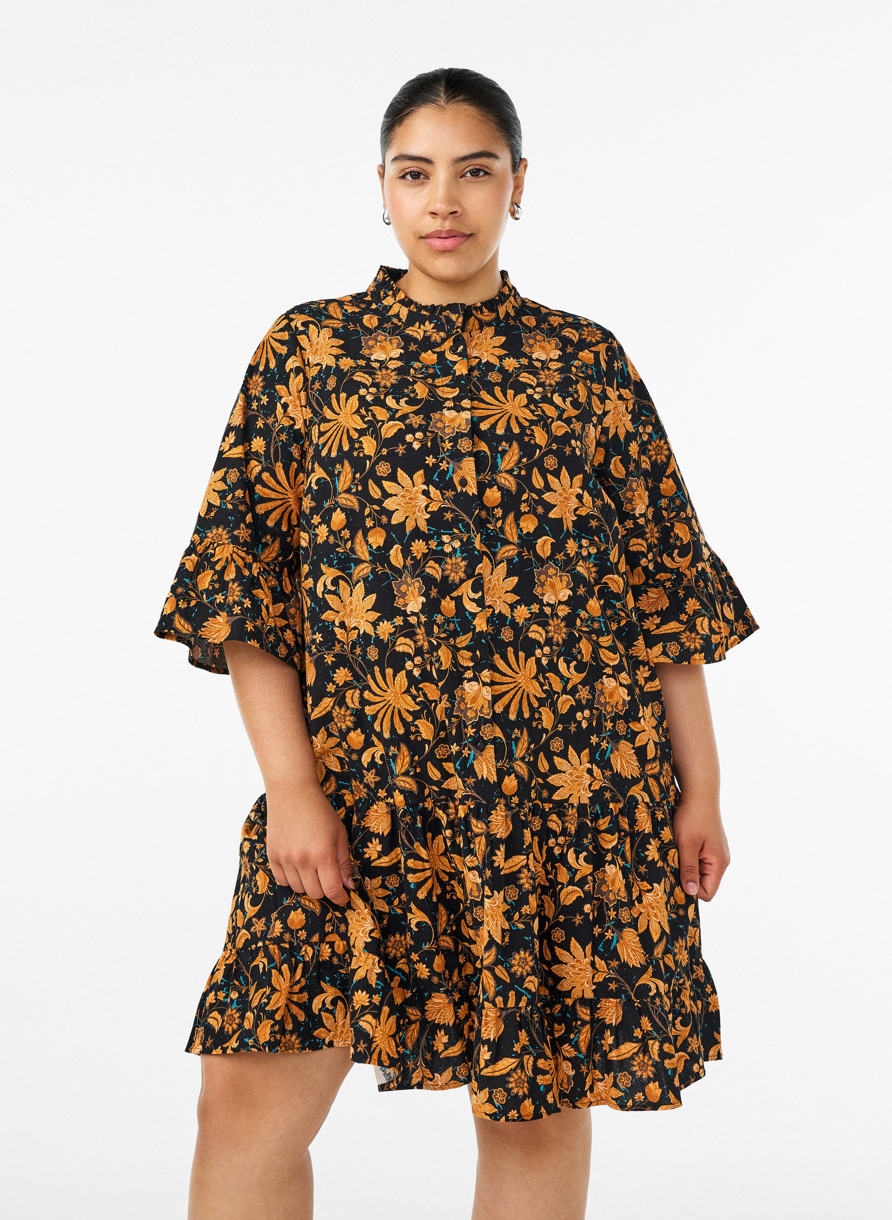 ZizziRobe florale en coton avec volants et coupe &eacute;vas&eacute;e ample, Orange, Model image number 0