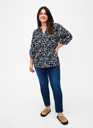 Katoenen blouse met 3/4 mouwen en print, Navy Blazer Leaf, Model image number 2