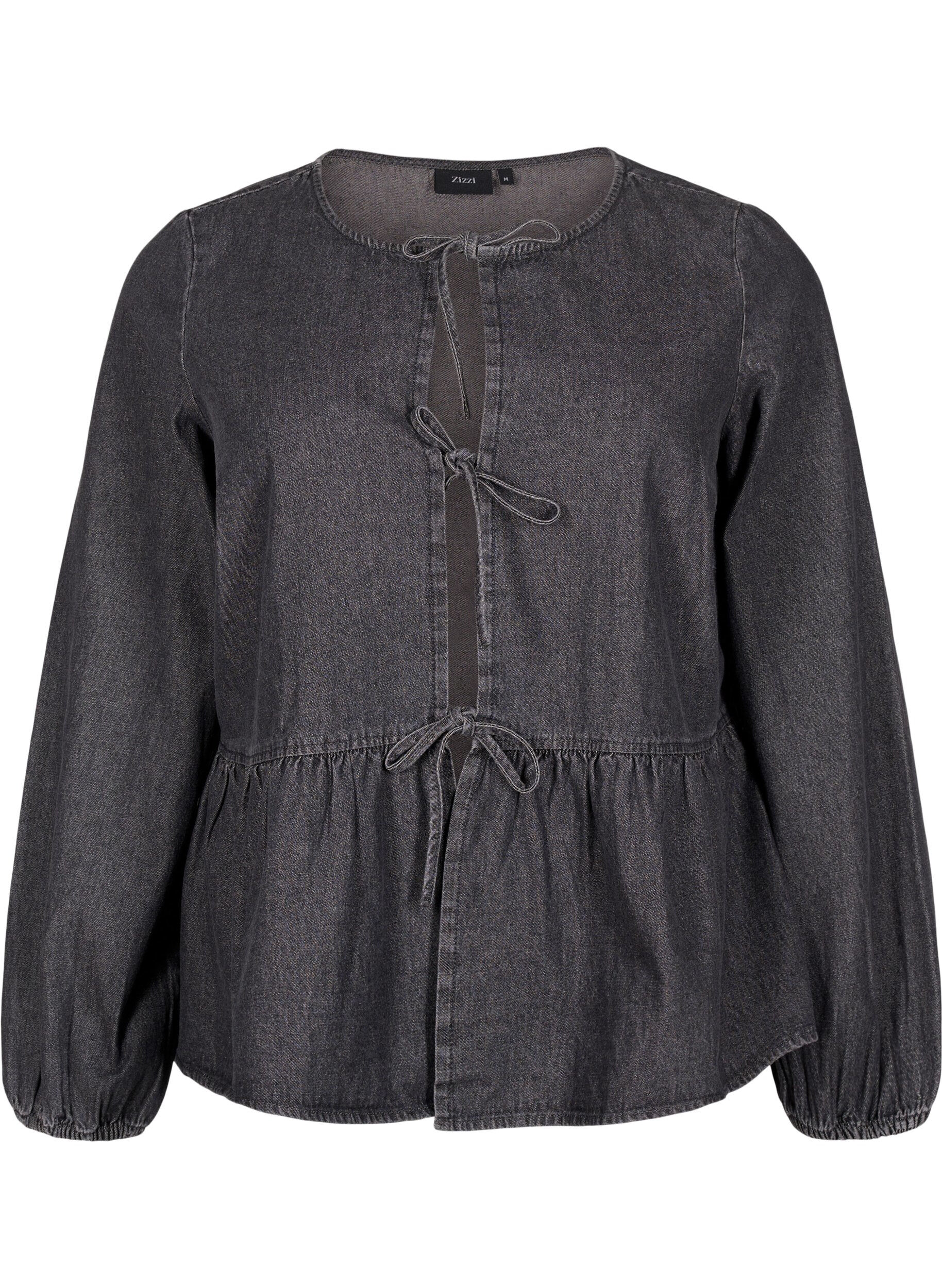 ZizziPeplum blouse van denim met striksluiting, Grijs, Packshot image number 0