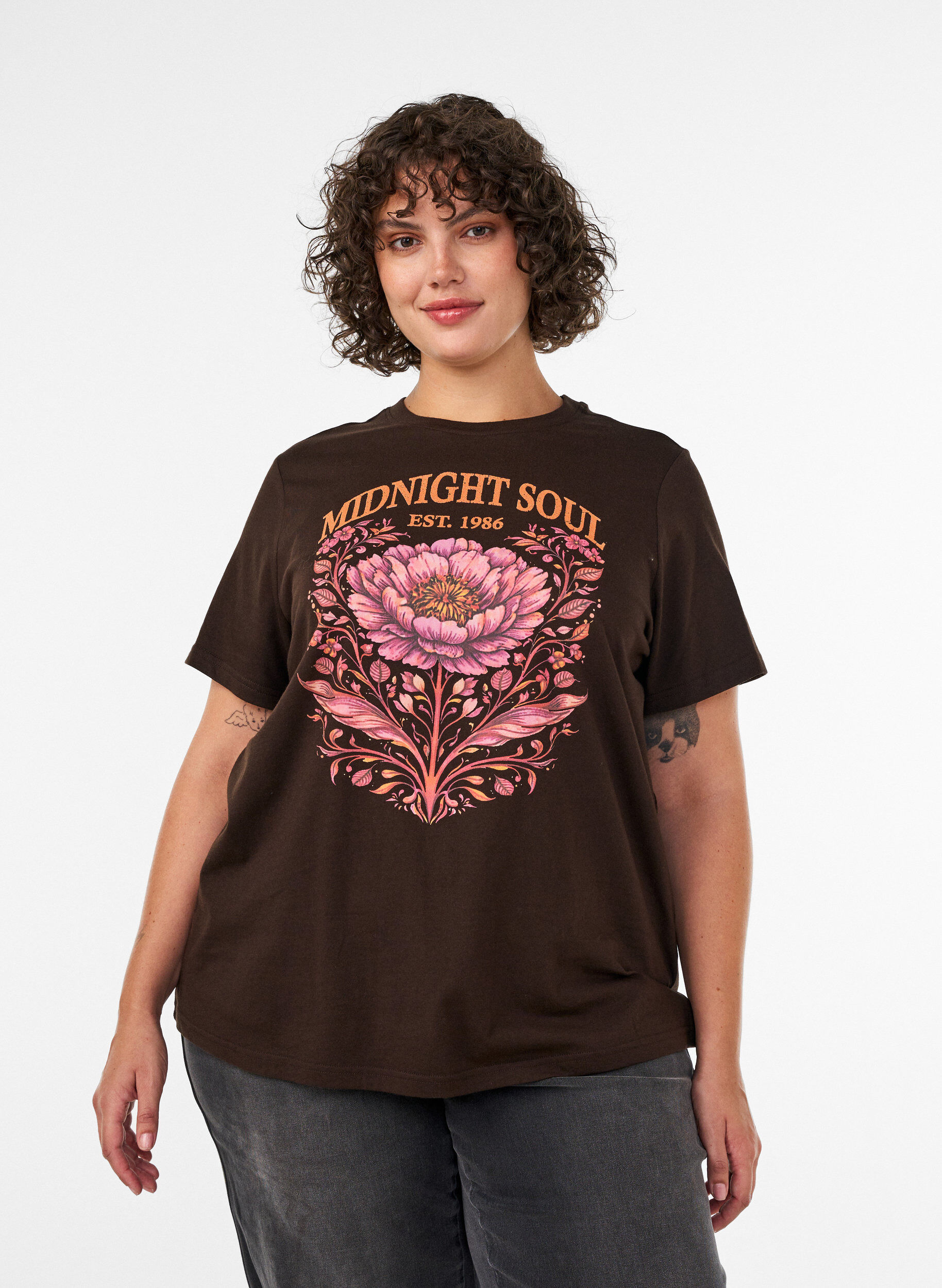 ZizziT-shirt en coton bio avec imprim&eacute; sur le devant, Marron, Model image number 0