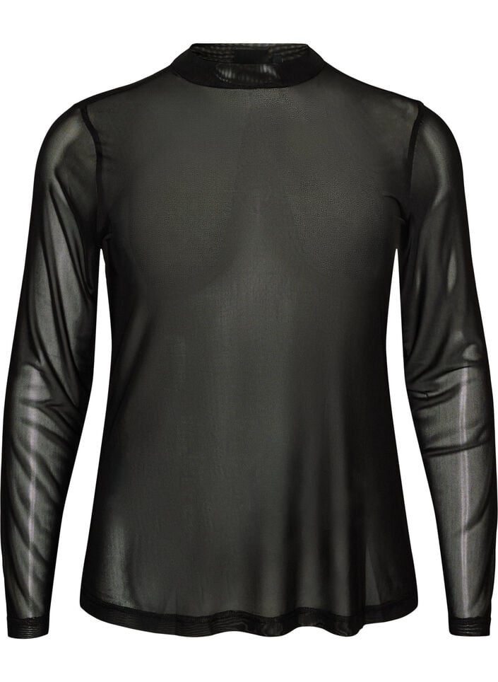 Getailleerde blouse van mesh met lange mouwen, Zwart, Packshot image number 0