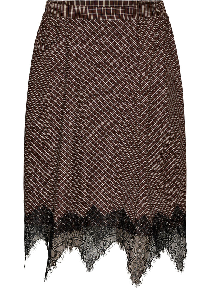 Jupe midi &agrave; carreaux avec bordure en dentelle, Marron, Packshot image number 0