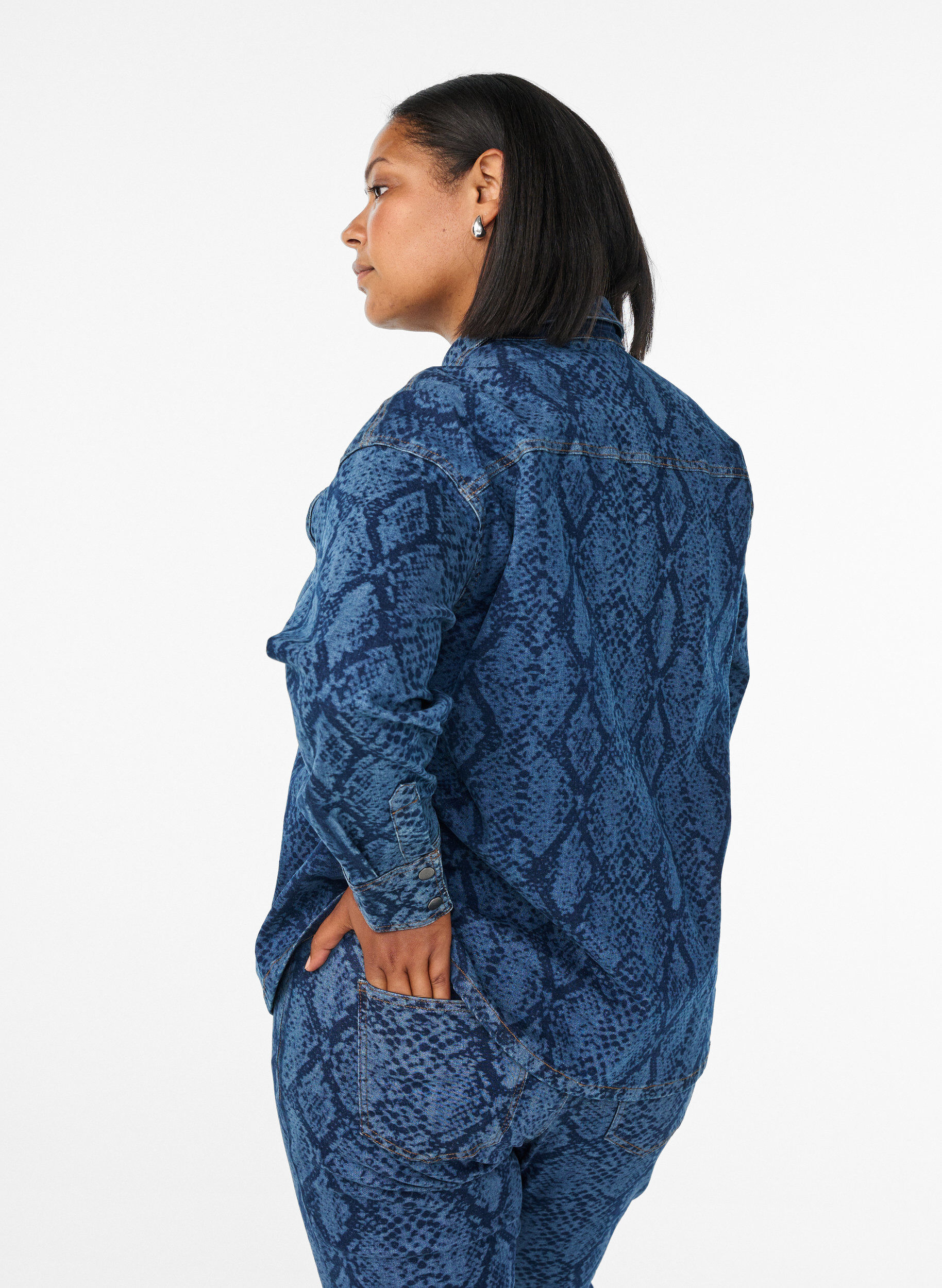 ZizziLosse denimblouse met slangenprint, Blauw, Model image number 2