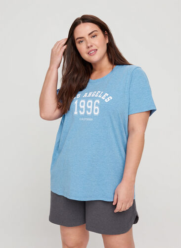 Pyjama-shirt met korte mouwen en print, Blue Yonder Mélange, Model image number 0
