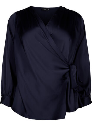 Feestelijke blouse van satijn met overslag, Night Sky, Packshot image number 0