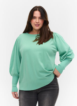 Pull en tricot à manches bouffantes, Dusty Jade Green Mel, Model image number 0