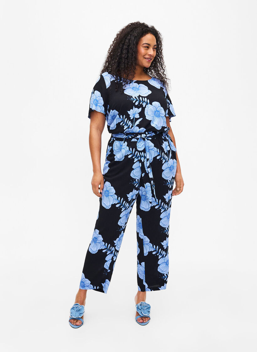 Viscose broek met hoge taille, Zwart, Model image number 0