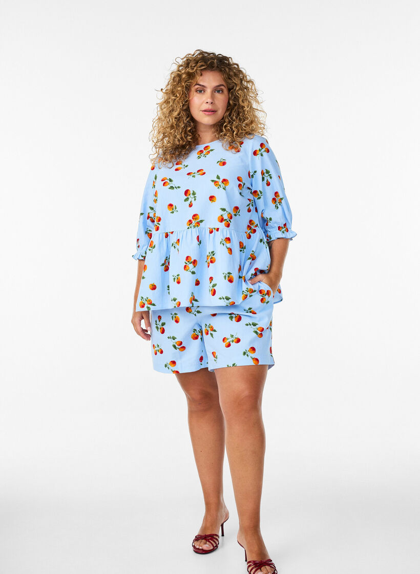 Katoenen shorts met een tomatenprint en hoge taille, Blauw, Model image number 1