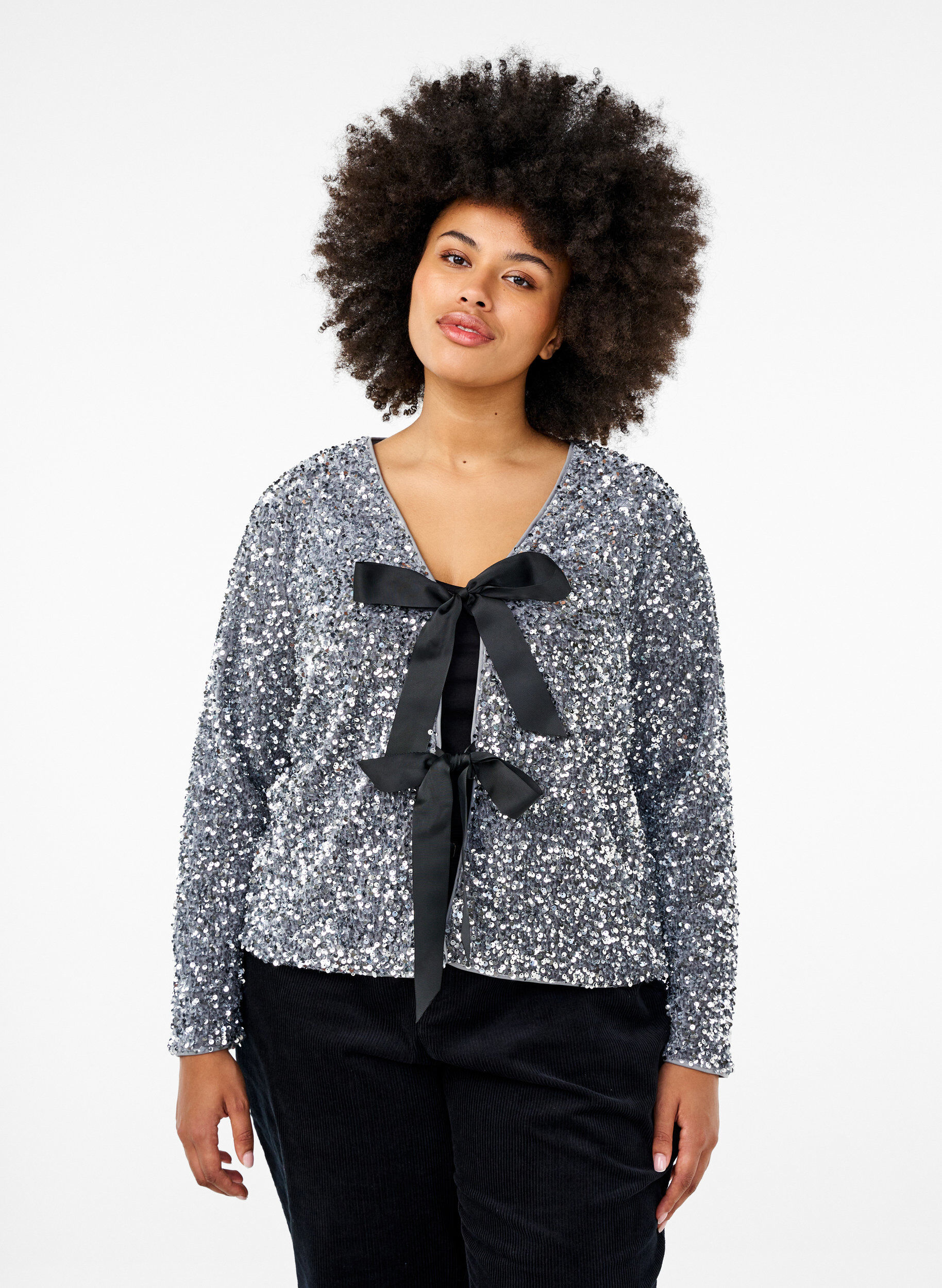 ZizziPailletten blouse met strikdetails, Silver, Model image number 0