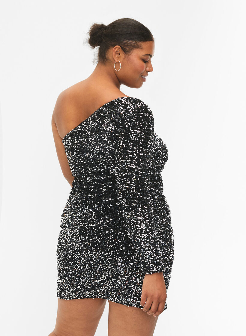 Korte one-shoulder jurk met pailletten, Black/Silver Sequins, Model image number 1