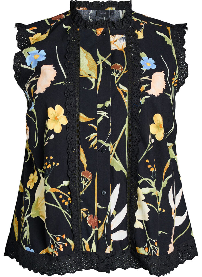 Blouse sans manches en coton avec imprim&eacute; floral et broderie anglaise, Noir, Packshot image number 0