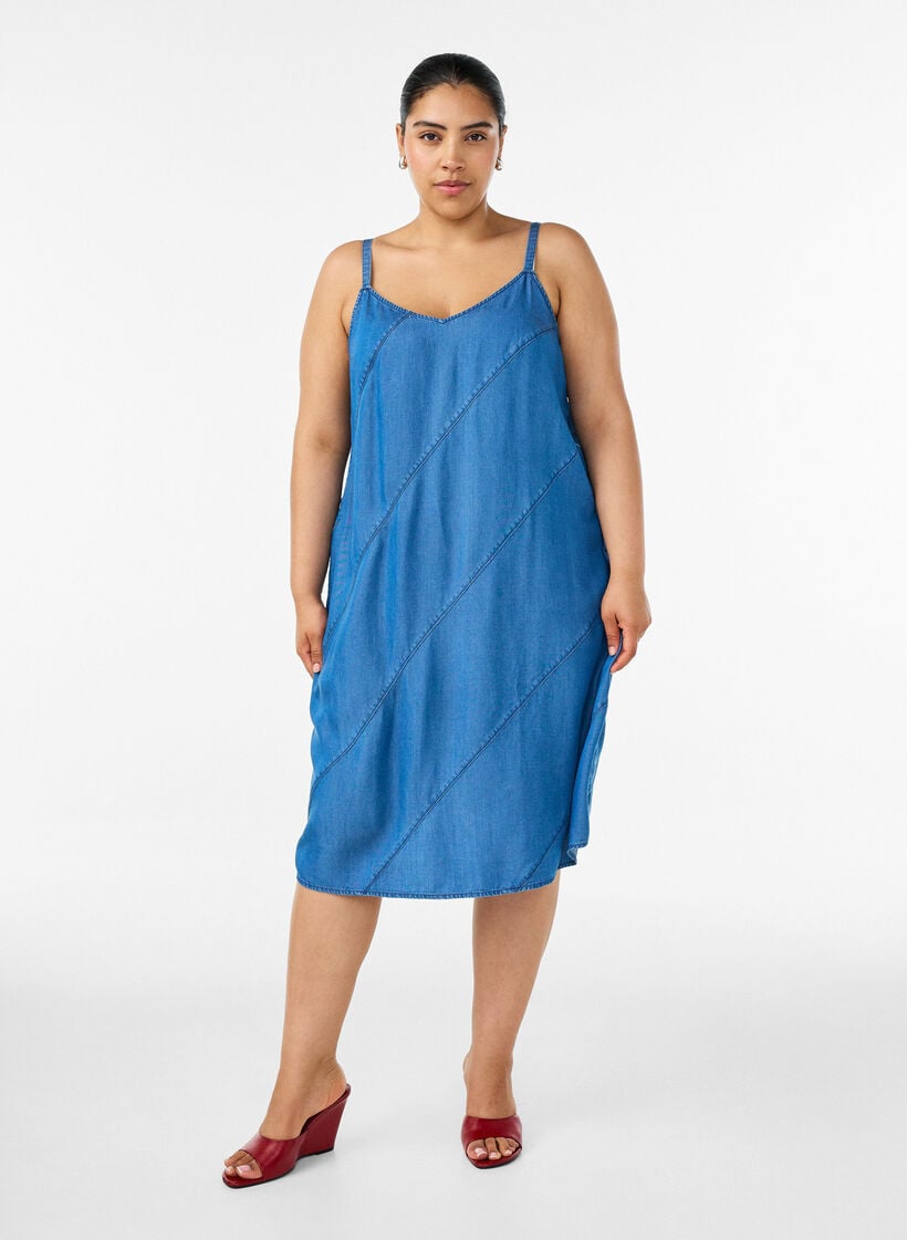 Robe aspect denim &agrave; bretelles en TENCEL&trade; Lyocell, Bleu, Model image number 1