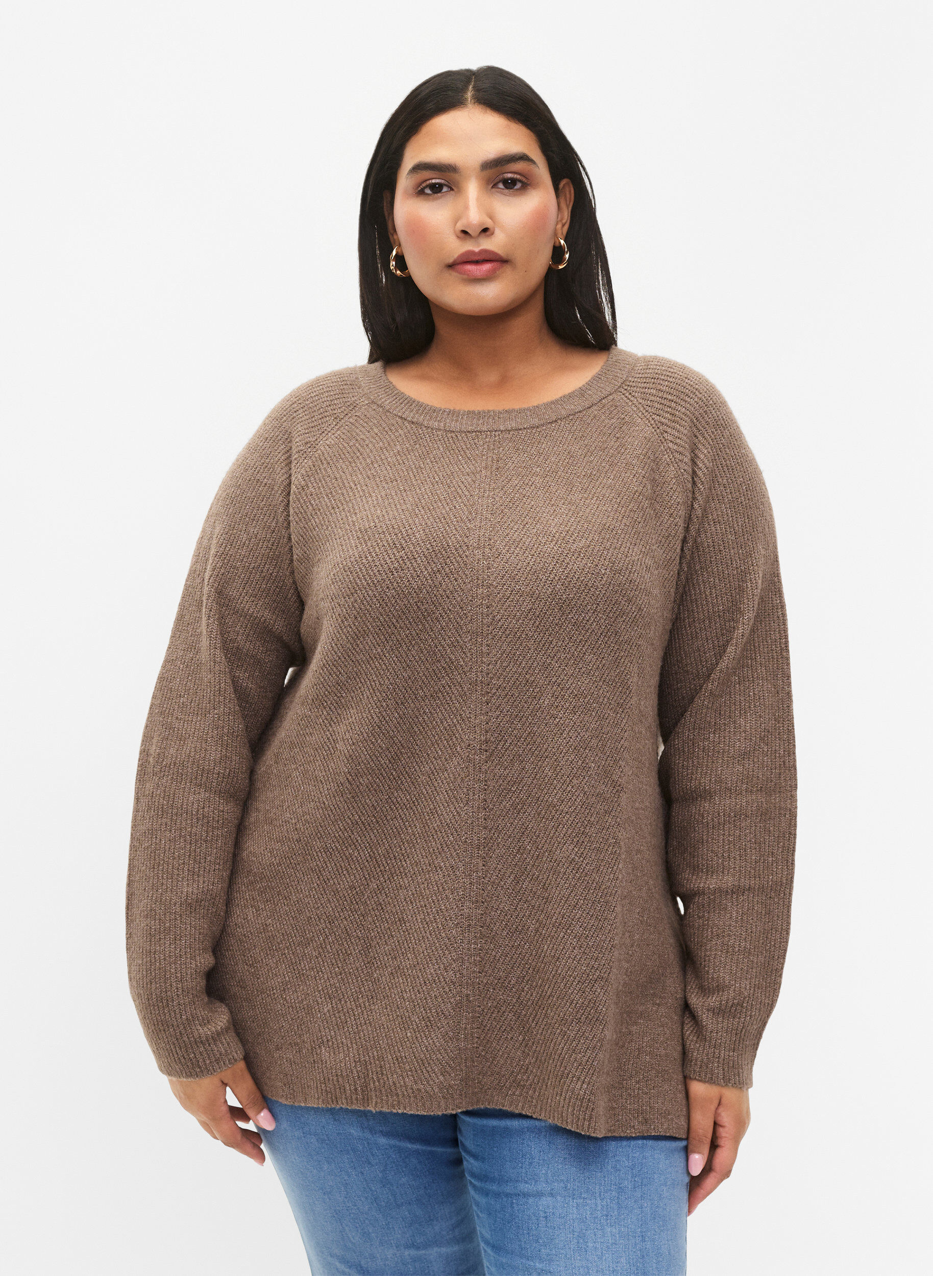 ZizziGem&ecirc;leerde pullover met zijsplit, Walnut/White Mel., Model image number 0