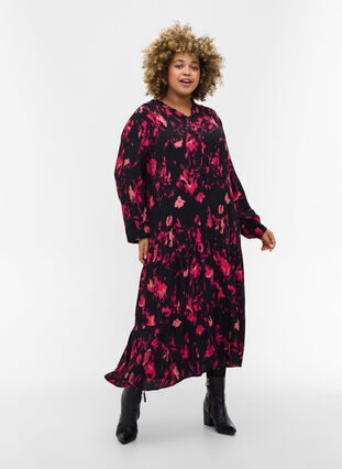 Viscose midi-jurk met lange mouwen, Black Pink AOP, Model image number 0