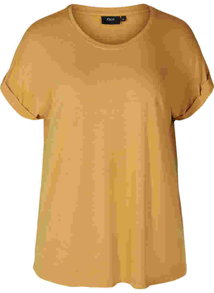 T-shirt in viscosemix met ronde hals, Honey Mustard , Packshot image number 0