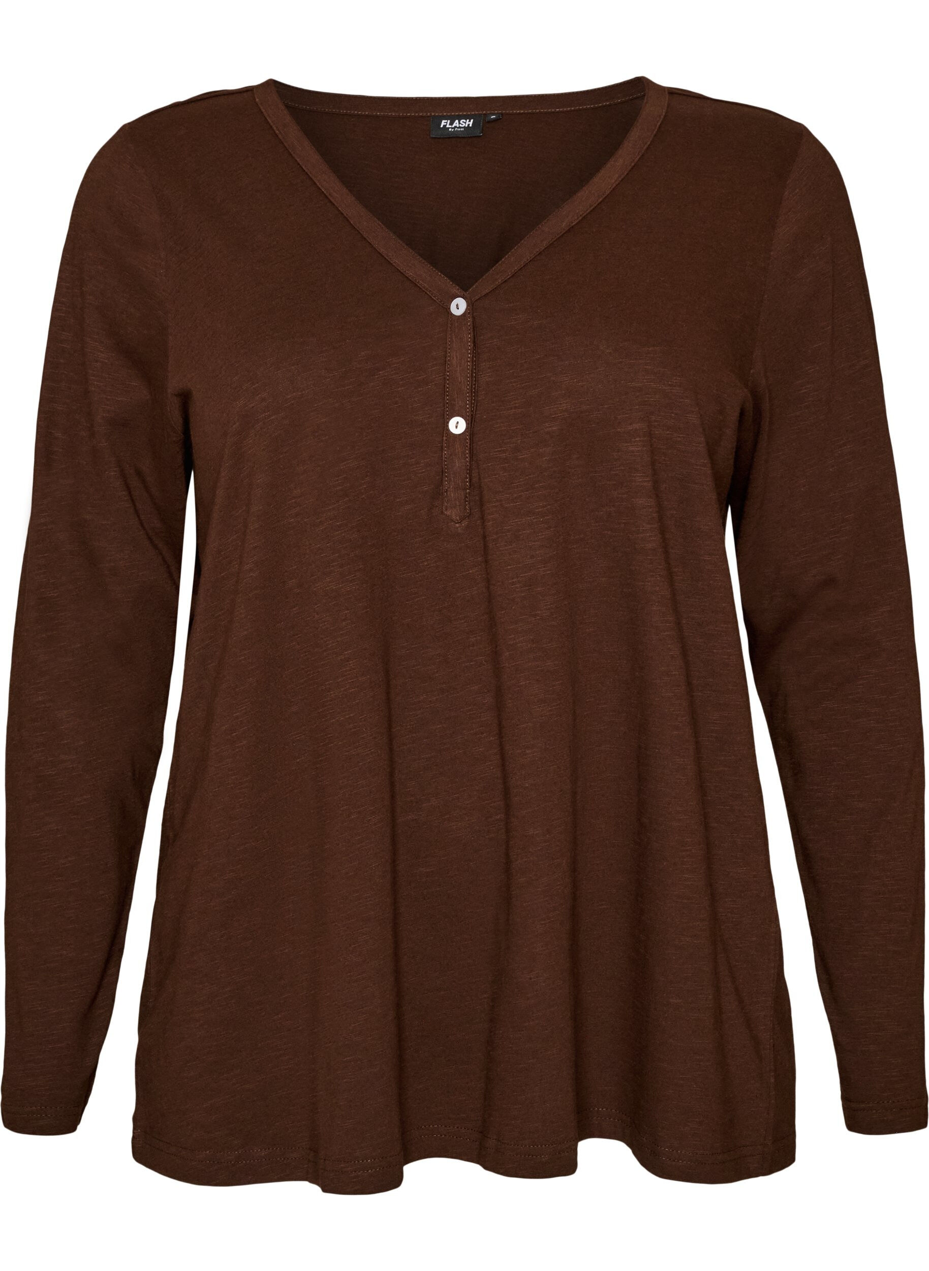 ZizziT-shirt &agrave; manches longues avec col V et boutons, Marron, Packshot image number 0
