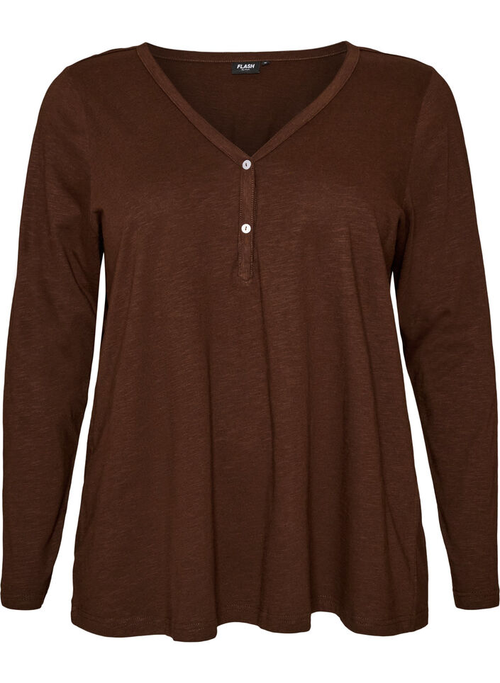 T-shirt &agrave; manches longues avec col V et boutons, Marron, Packshot image number 0