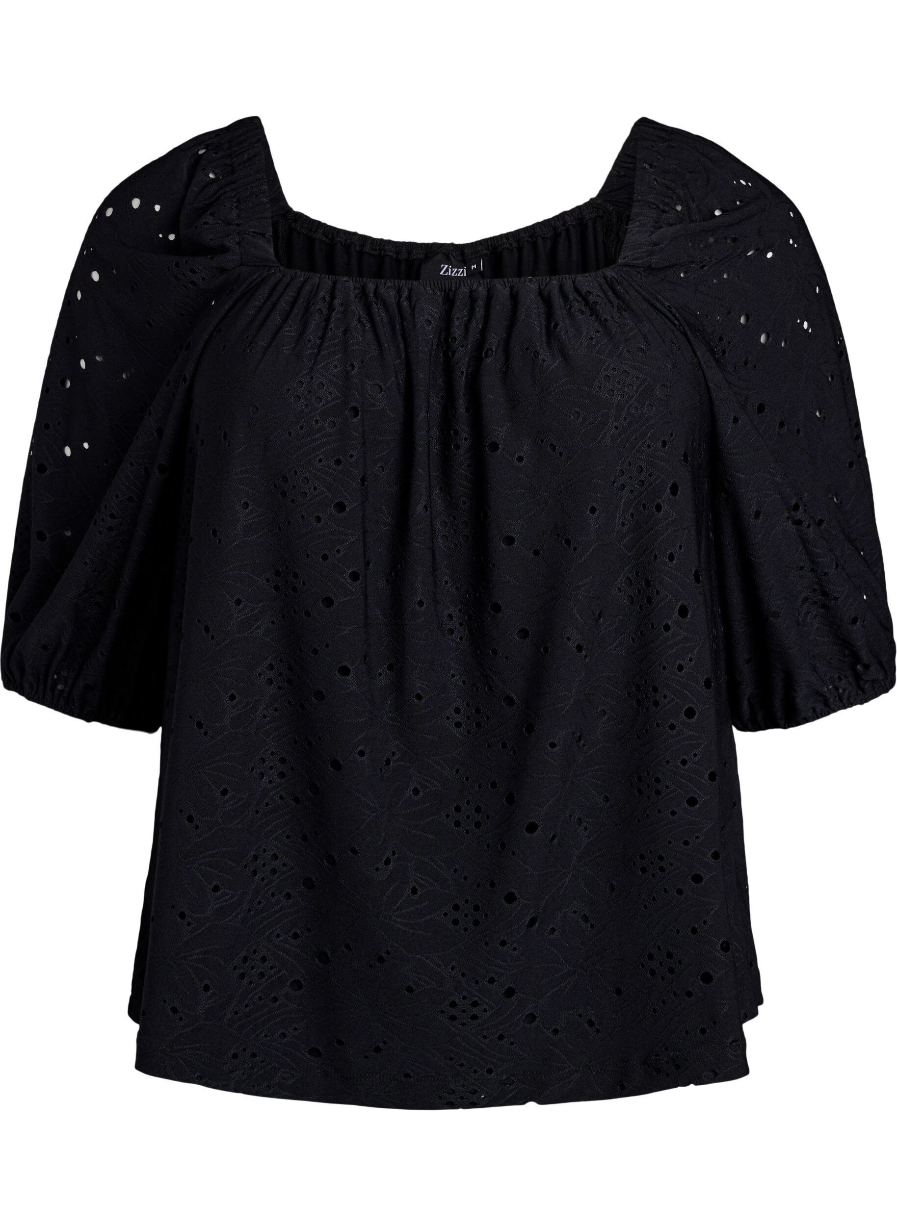 ZizziBlouse met korte pofmouwen en een opengewerkt patroon, Zwart, Packshot image number 0