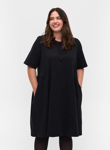  Katoenen jurk met korte mouwen en plooi, Black, Model image number 0