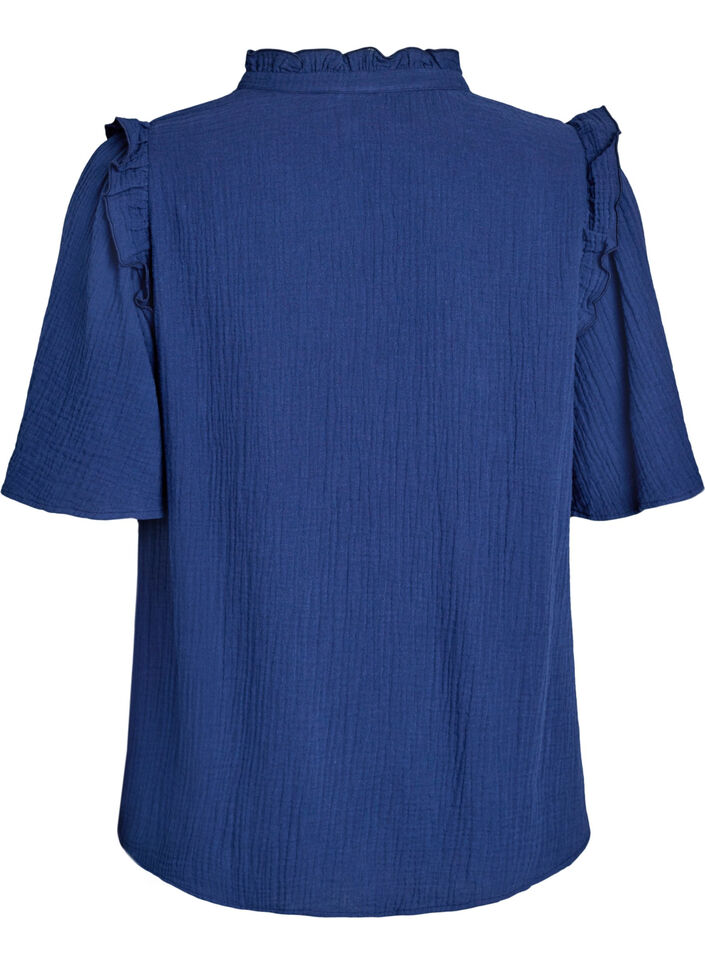 Blouse en mousseline de coton avec broderie anglaise et manches 1/2, Bleu, Packshot image number 1