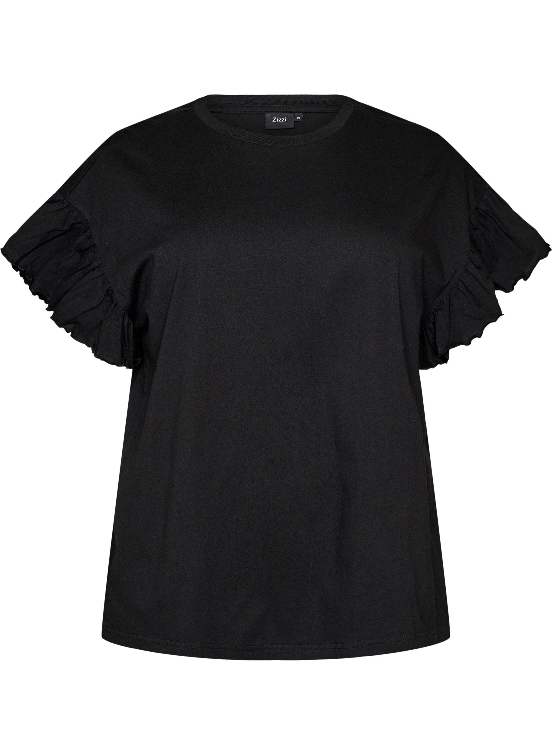 ZizziT-shirt en coton bio avec manches &agrave; volants, Noir, Packshot image number 0