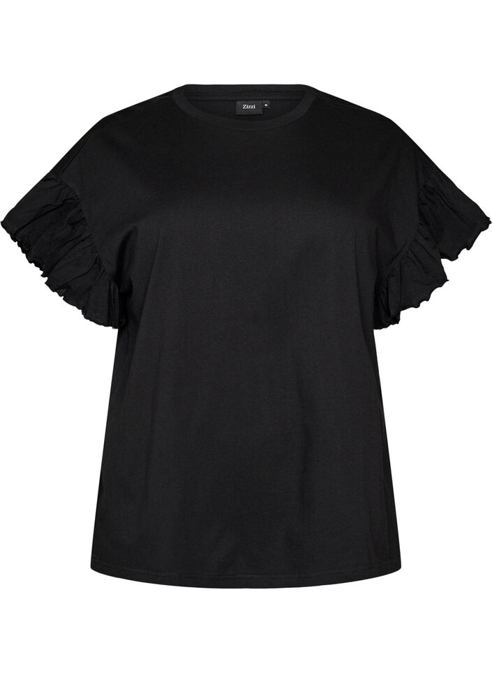 T-shirt en coton bio avec manches &agrave; volants, Noir, Packshot image number 0
