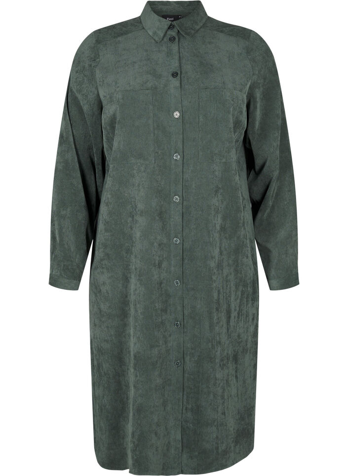 Lange corduroy shirt jurk met knopen, Dark Forest, Packshot image number 0