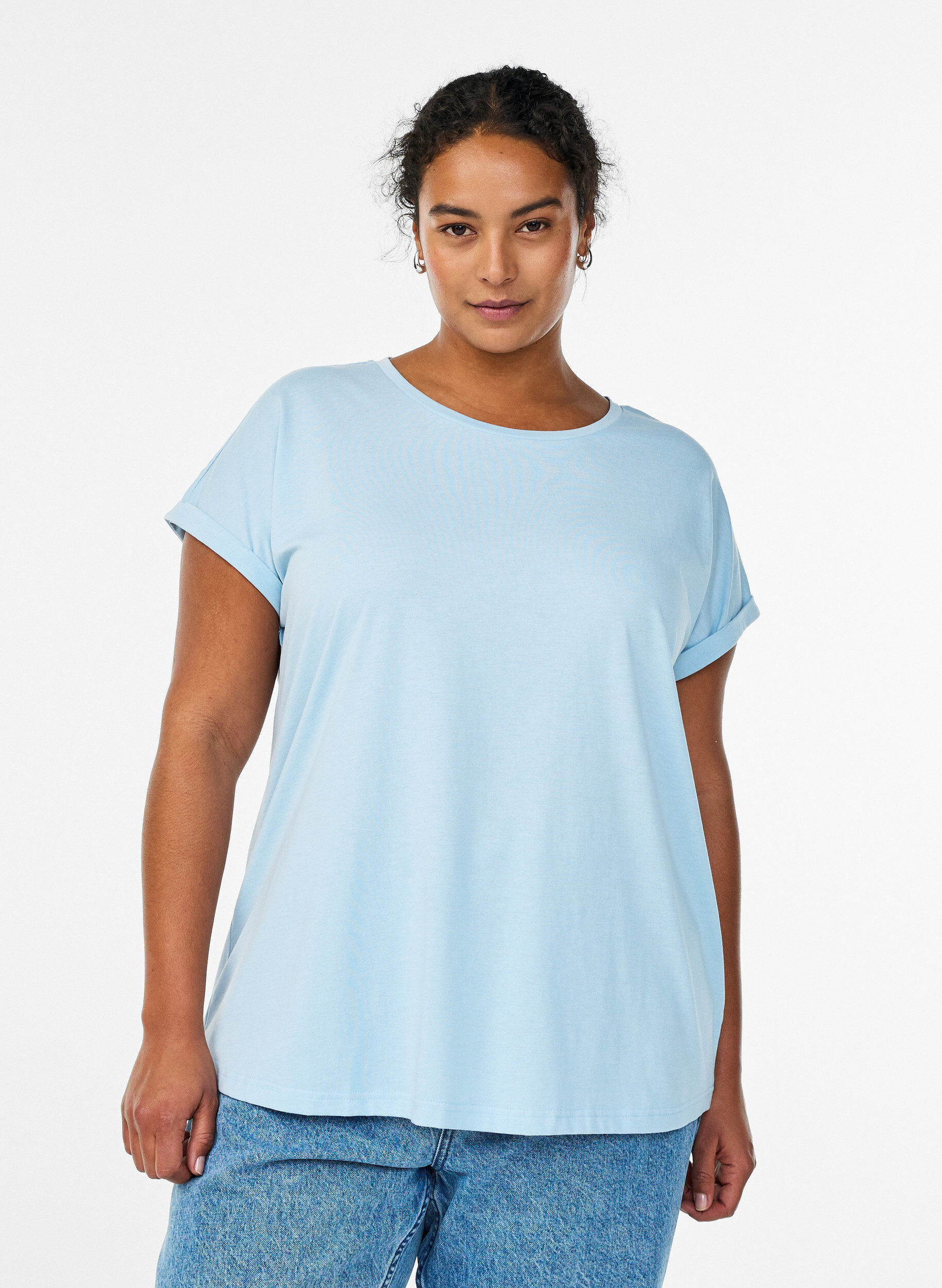 T-shirt met korte mouwen van katoenmix, Blauw, Model