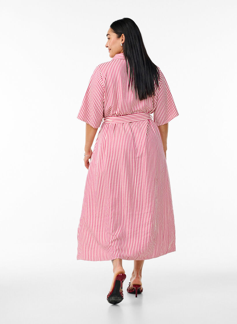 Enkellange overhemdjurk met strikceintuur en strepen, Roze, Model image number 1