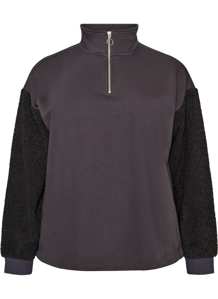 Sweatshirt met teddymouwen en een hoge hals, Grijs, Packshot image number 0