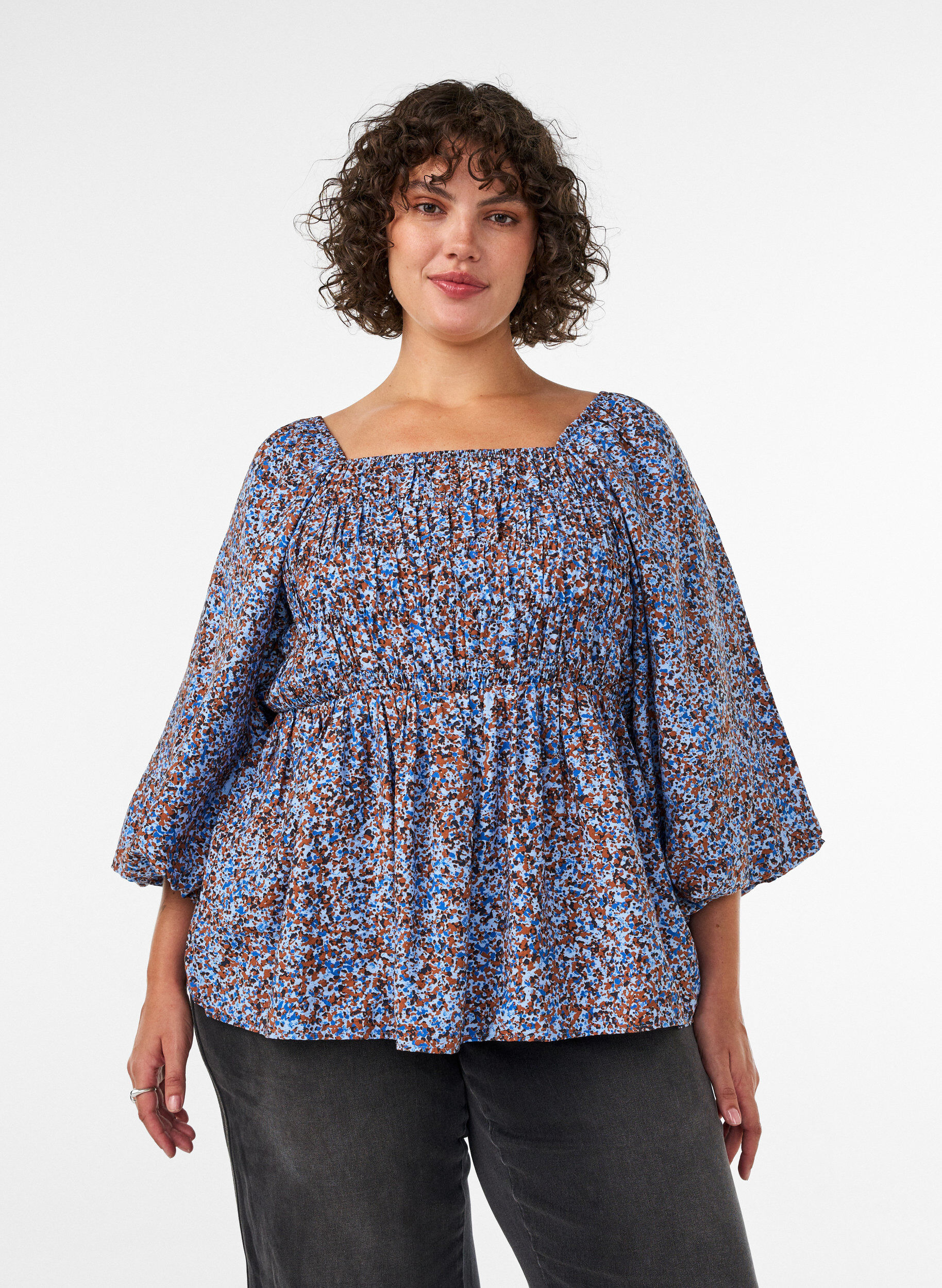 Blouse smock&eacute;e &agrave; encolure carr&eacute;e, Bleu Clair, Model
