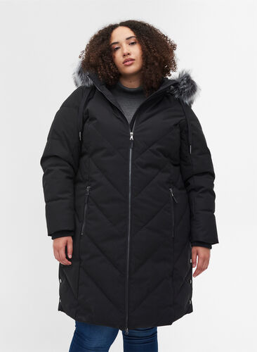 Veste d'hiver avec capuche amovible et grand col en fausse fourrure, Black, Model image number 0