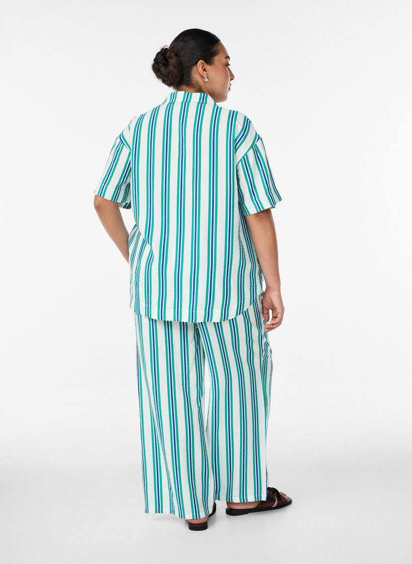Gestreepte broek met hoge taille en wijde pijpen, Vanille, Model image number 2