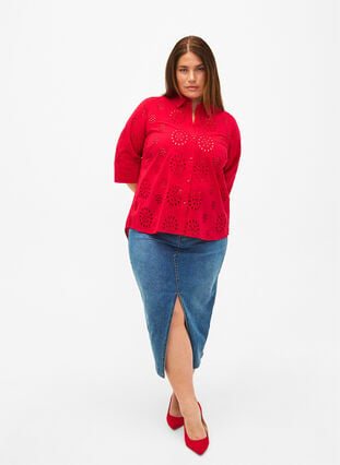 Shirtblouse met Engels borduurwerk en 3/4-mouwen, Tango Red, Model image number 3