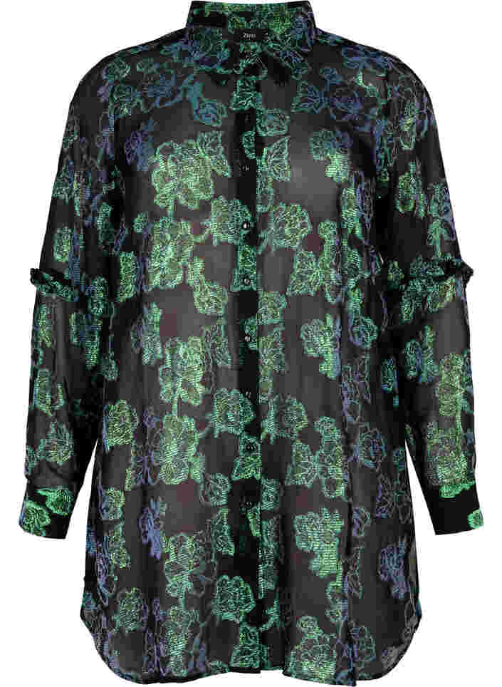Lang overhemd van viscose met lurex structuur, Black W. Green Lurex, Packshot image number 0