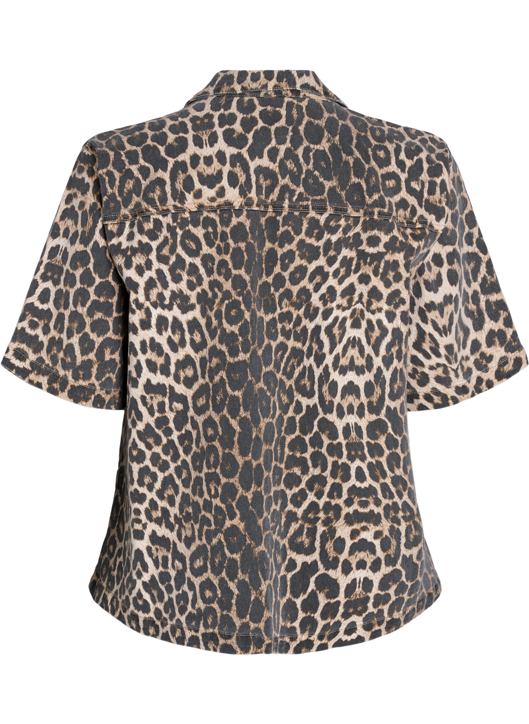 ZizziLuipaardprint denim blouse met kraag en halflange mouwen, Bruin, Packshot image number 1